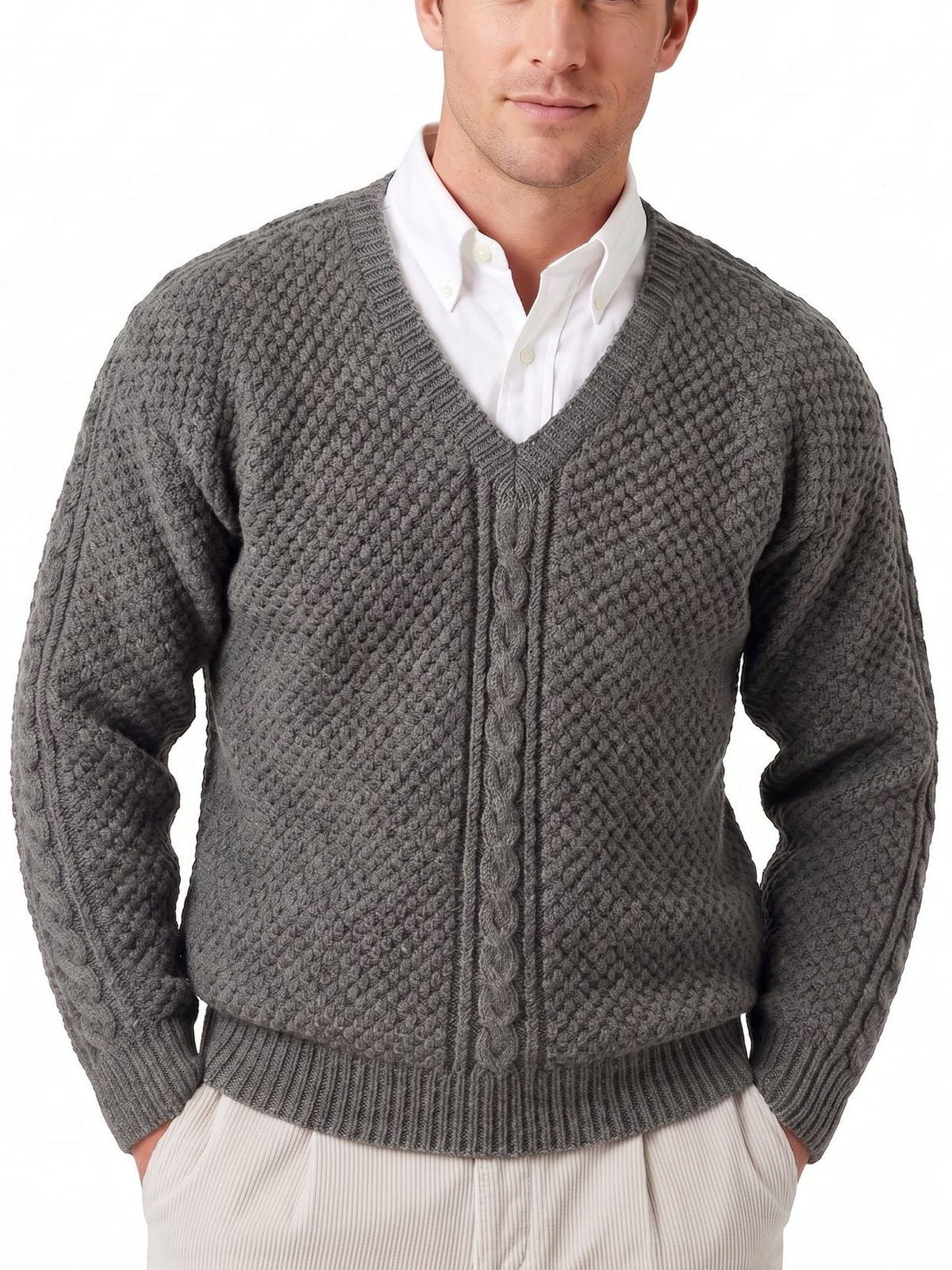 Mens V-neck Cable-Knit Solid-Color Sweater