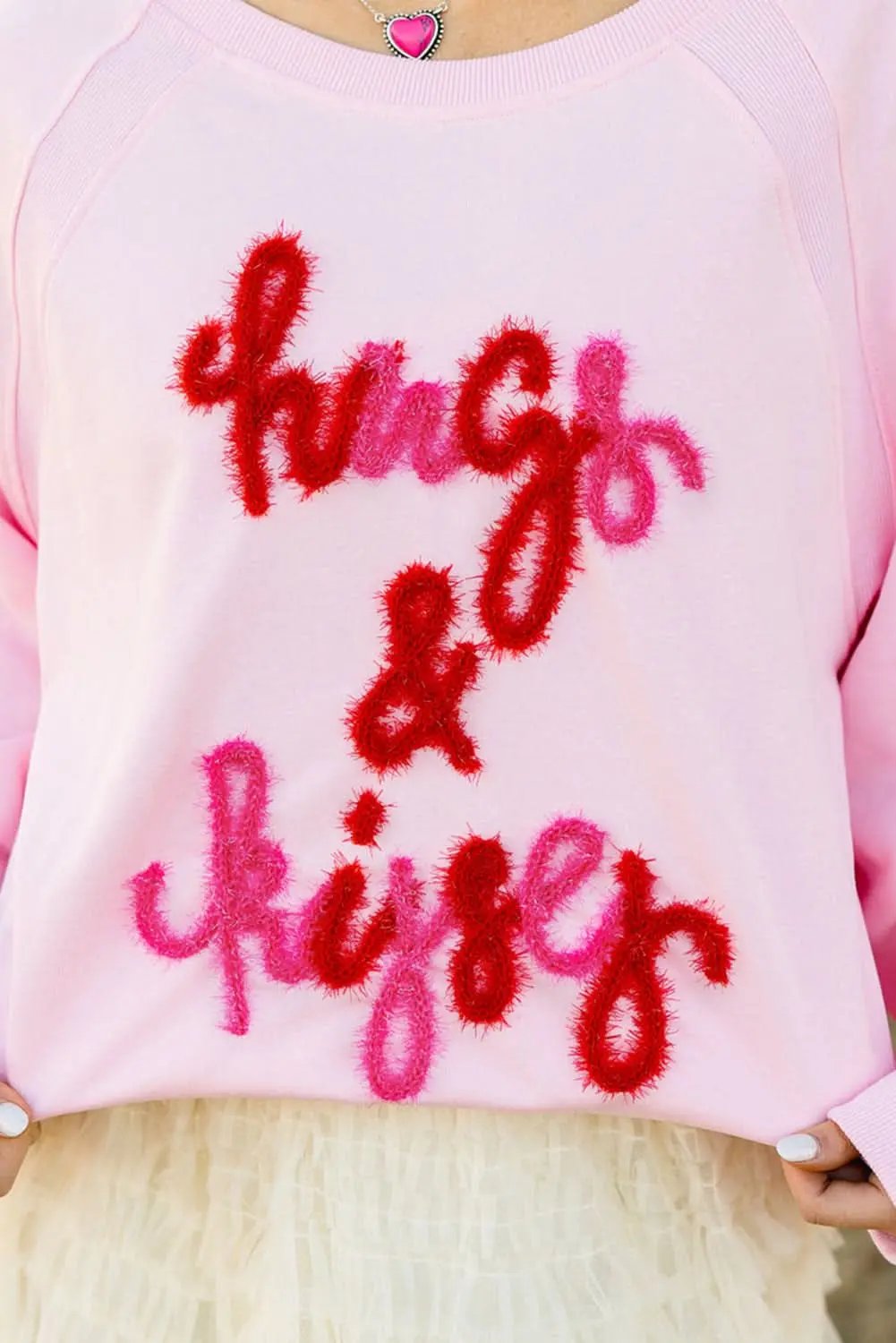 Love Salve Women's Embroidered Sweatshirt Pink Raglan Crew Neck