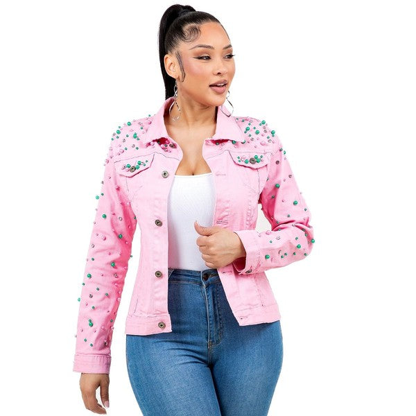 Pearls Rhinestone Pink Denim Jacket Pink Green See size chart under “more details”
