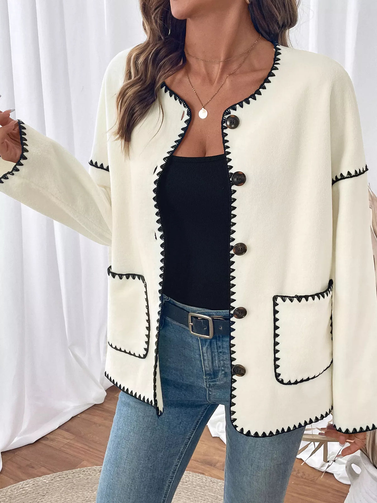 Contrast Trim Button Up Jacket