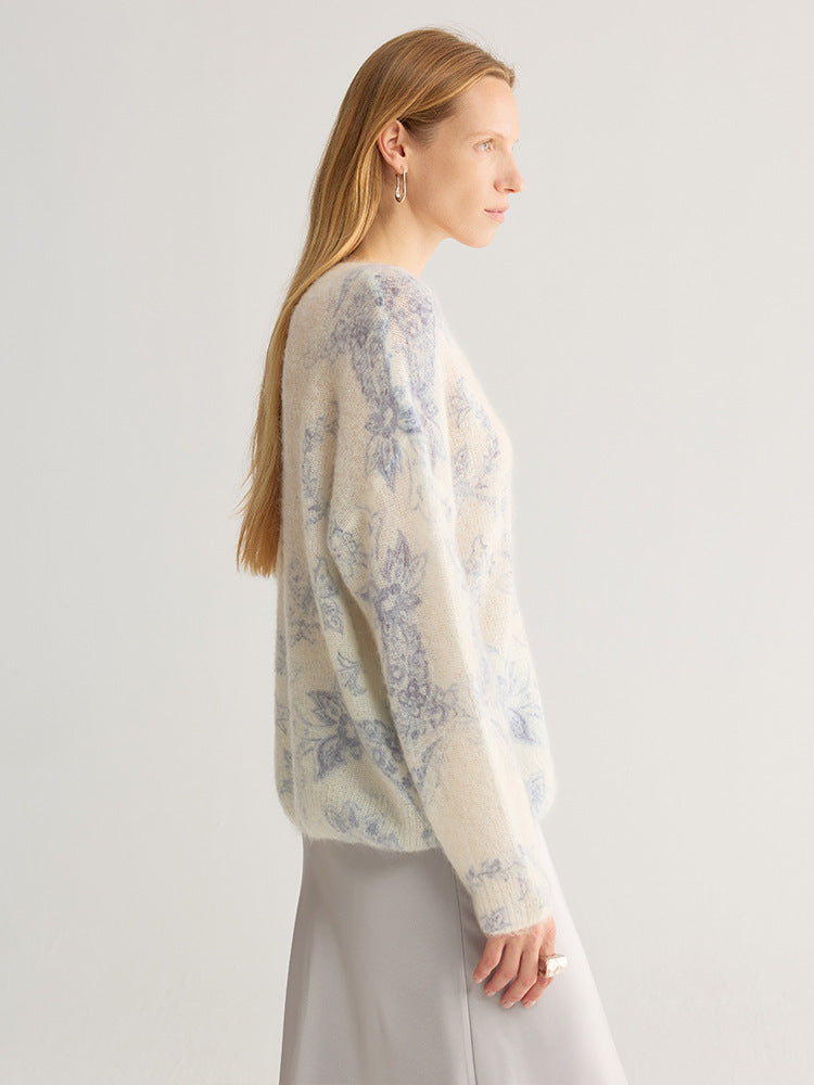 Rhinestone Embellished Floral Mohair-Blend Pullover Sweater