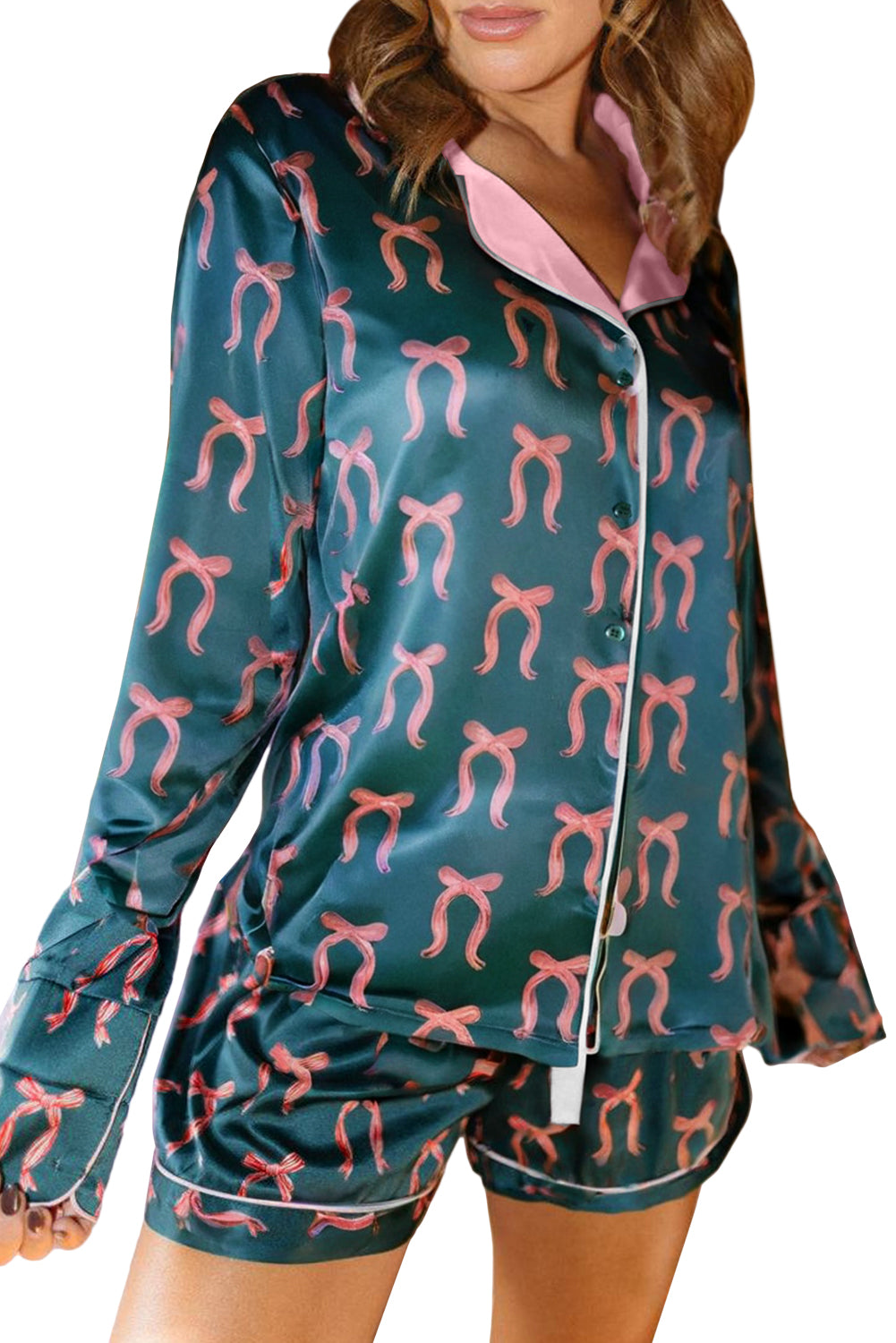 Camisa de manga larga sedosa con estampado de lazo verde y pantalones cortos de 2 piezas - Conjunto de pijama