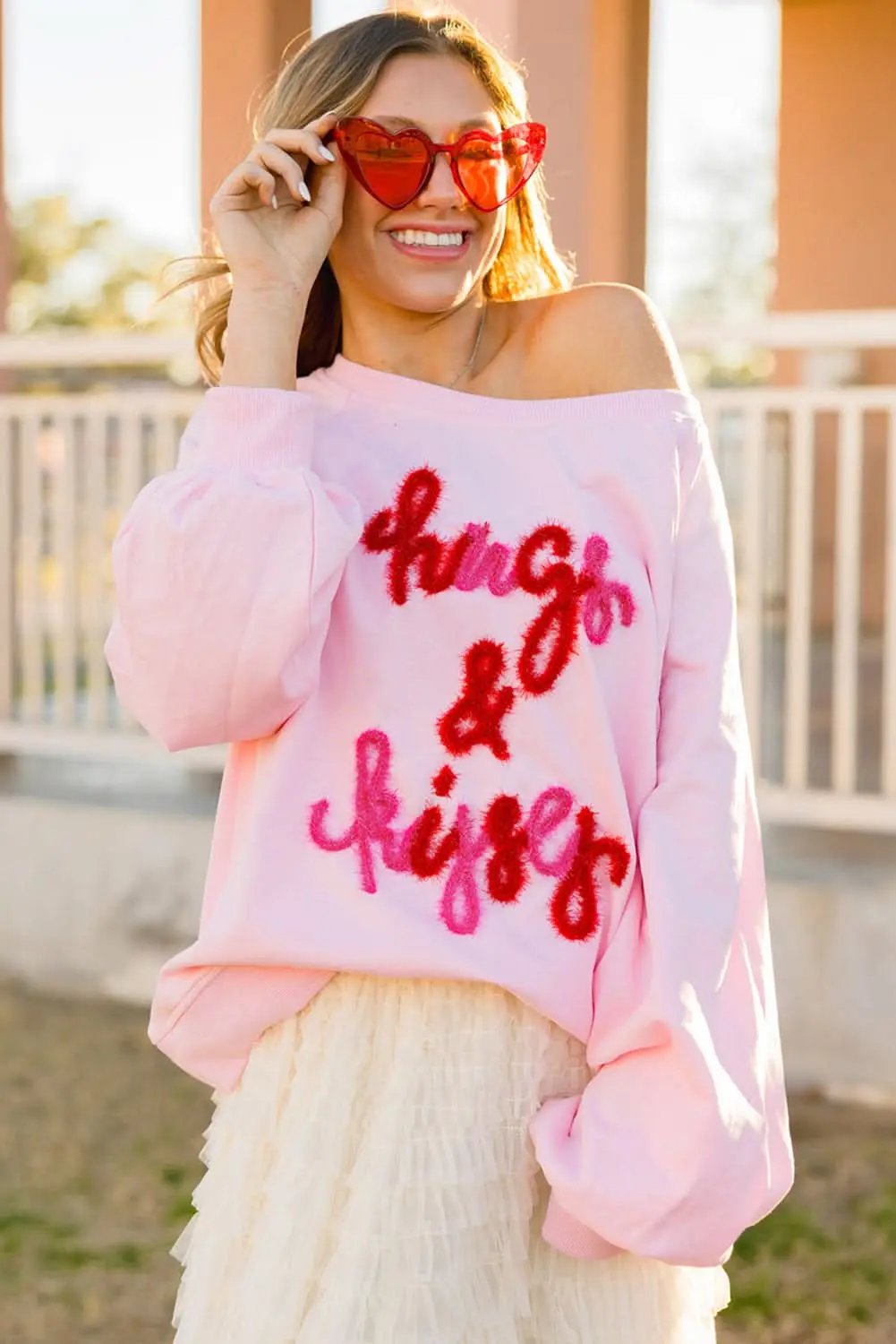 Love Salve Women's Embroidered Sweatshirt Pink Raglan Crew Neck