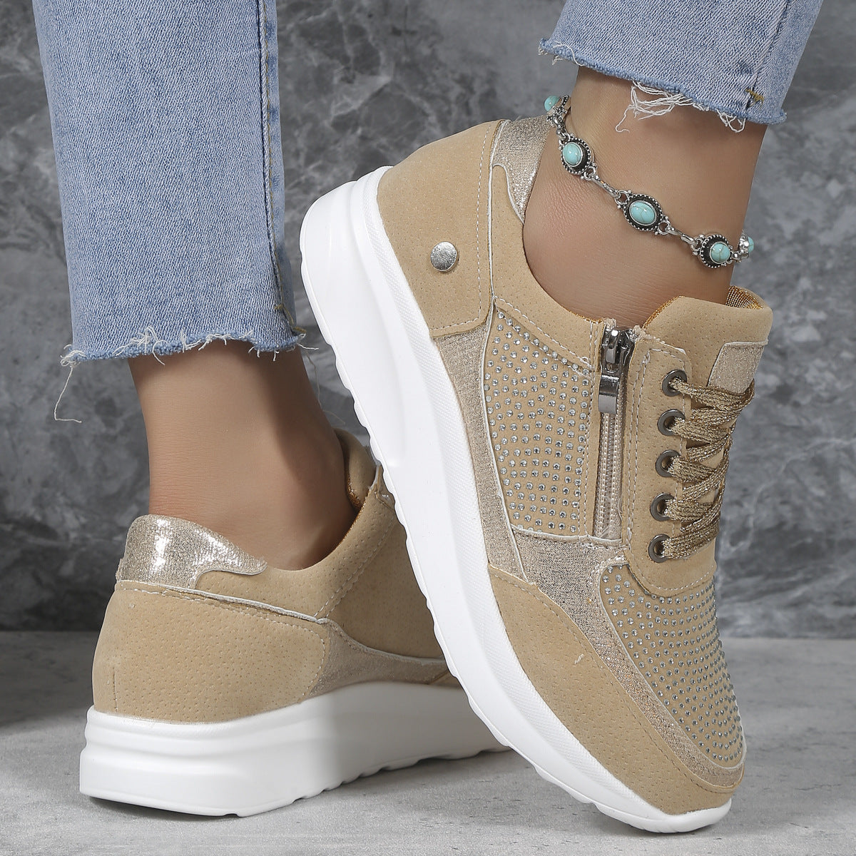Women's Flat Round-Toe Rhinestone Pumps Sports Casual Loafers