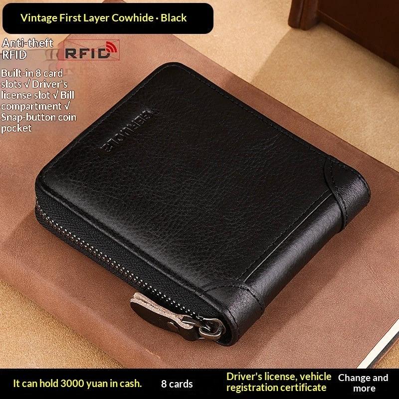 Men's Cowhide Wallet With Multiple Card Slots And A Zipper