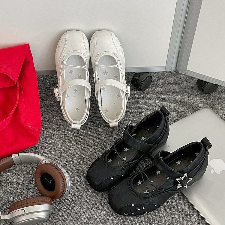 White Star Embroidery Mary Jane Flats Women Square Toe Buckle Strap Ballet Flat Shoes
