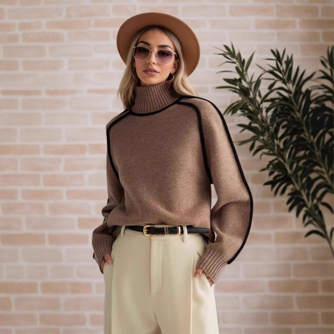 Women's Turtleneck Contrast Trim Sweater, 2026 Fall Winter Loose Long Sleeve Pullover, Casual Lazy Style Knit Top