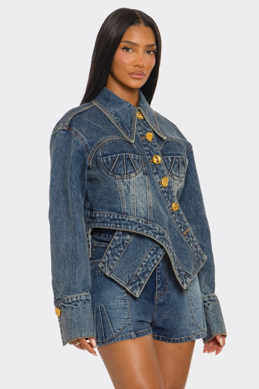 Sculpted Denim Corset Jacket & Short Set See size chart under “more details”