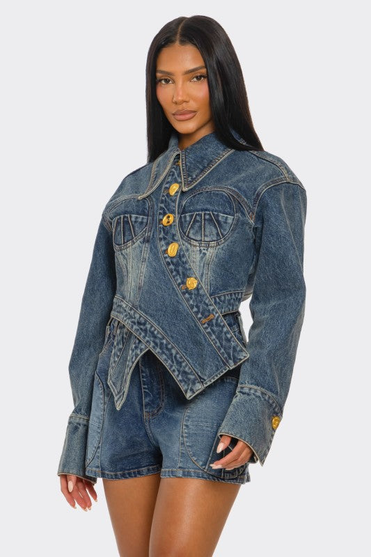 Sculpted Denim Corset Jacket & Short Set See size chart under “more details”