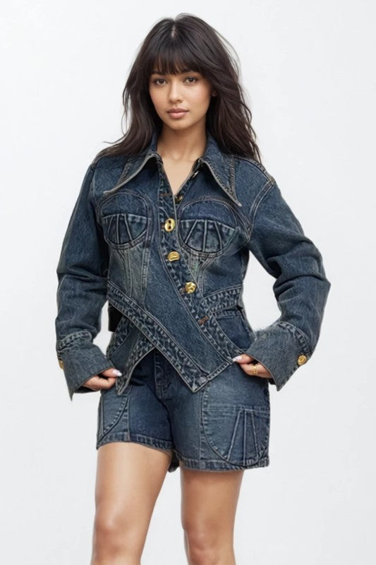 Sculpted Denim Corset Jacket & Short Set See size chart under “more details”