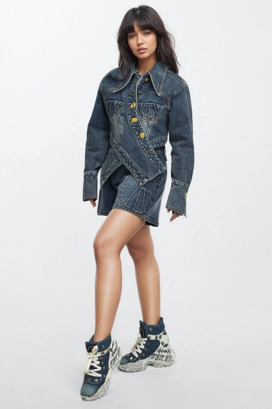 Sculpted Denim Corset Jacket & Short Set See size chart under “more details”