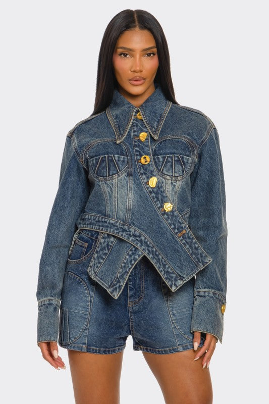 Sculpted Denim Corset Jacket & Short Set See size chart under “more details”