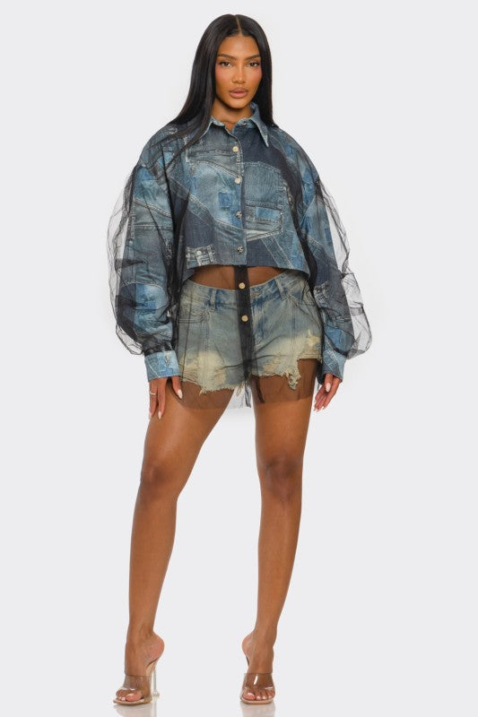 Camisa Oversized de Malla Ilusión Vaquera Ver tabla de tallas en "más detalles"