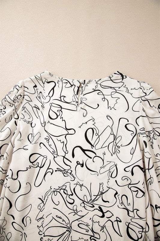 Abstract Print Balloon Sleeve Crew Neck Blouse