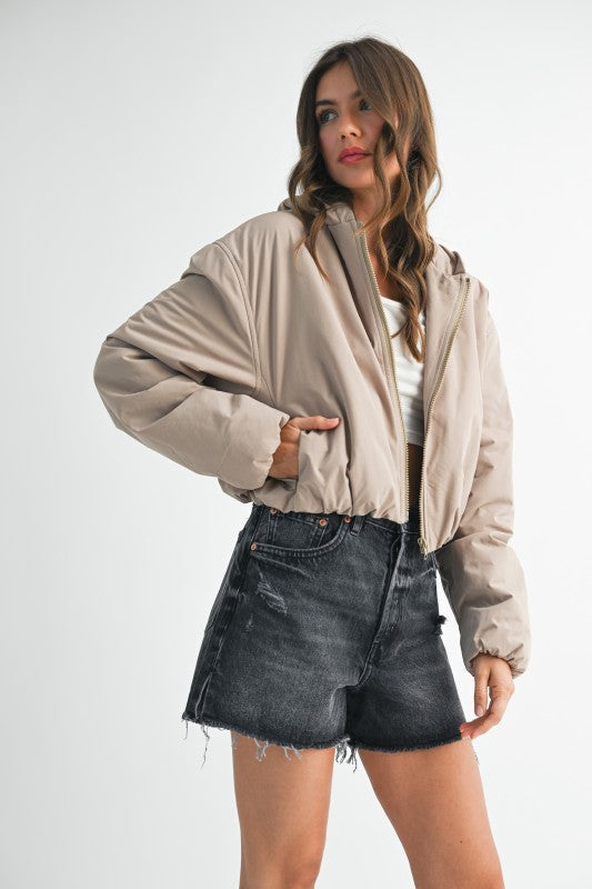 Cropped Hooded Zip-Up Puffer Jacket See size chart under “more details”