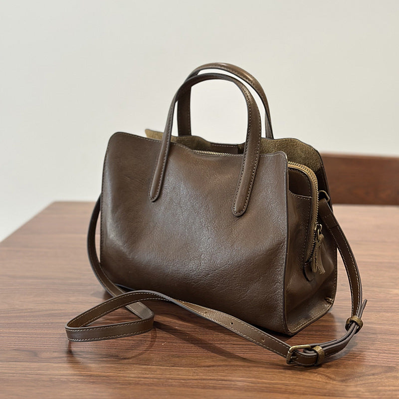 Womens Casual All-Match Tote Bag Made From Full-Grain Cowhide Leather