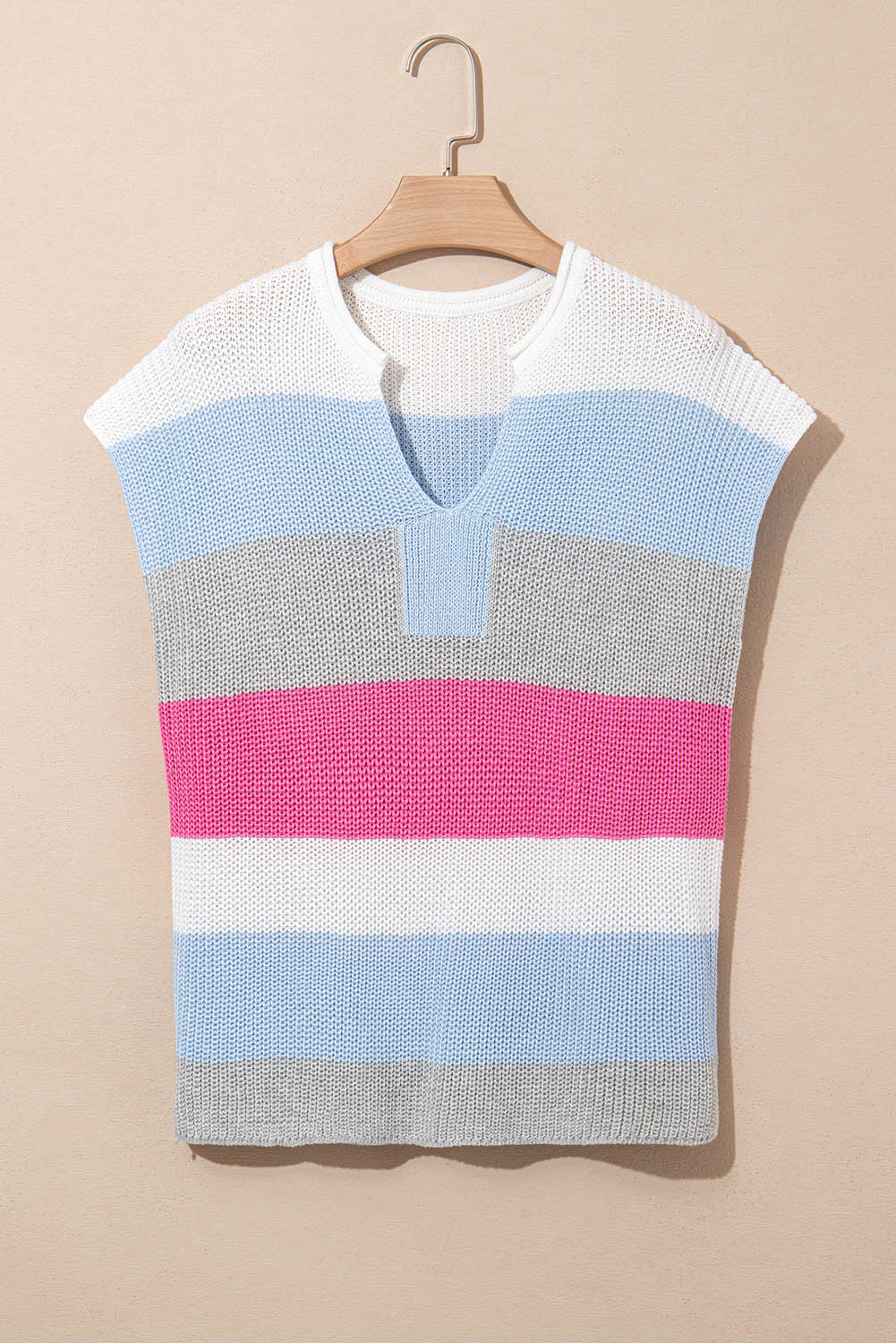 Camiseta tipo suéter con cuello en V con muesca y bloques de color azul claro