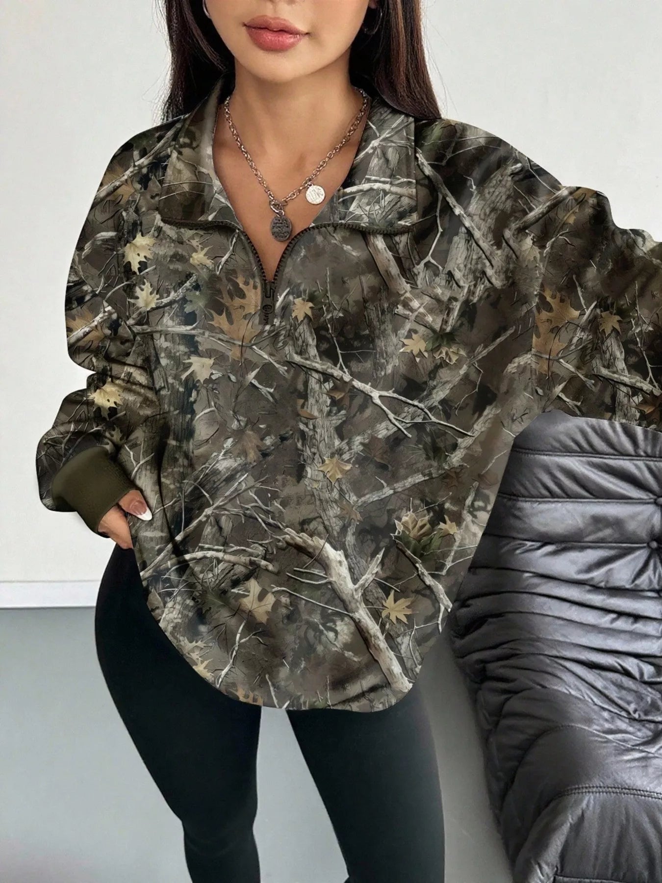 Quarter-Zip Printed Sweatshirt with Ribbed Cuffs