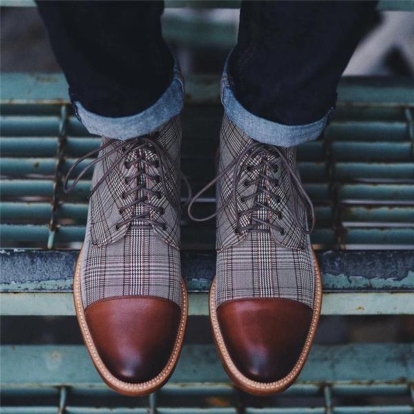 Lace-up Low-Top Boots With Checkered Fabric