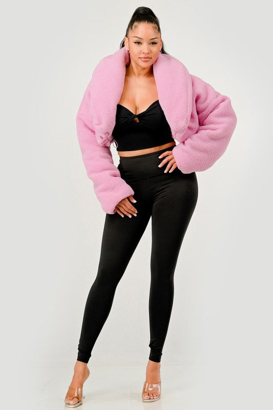 Pink Teddy Crop Jacket See size chart under “more details”