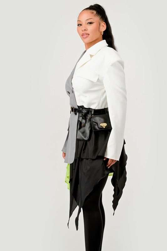 Colorblock Blazer with Layered Skirt Detail See size chart under “more details”