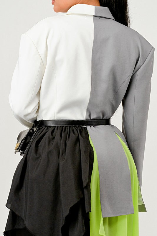 Colorblock Blazer with Layered Skirt Detail See size chart under “more details”