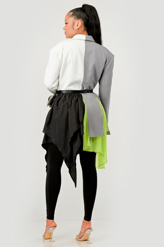 Colorblock Blazer with Layered Skirt Detail See size chart under “more details”
