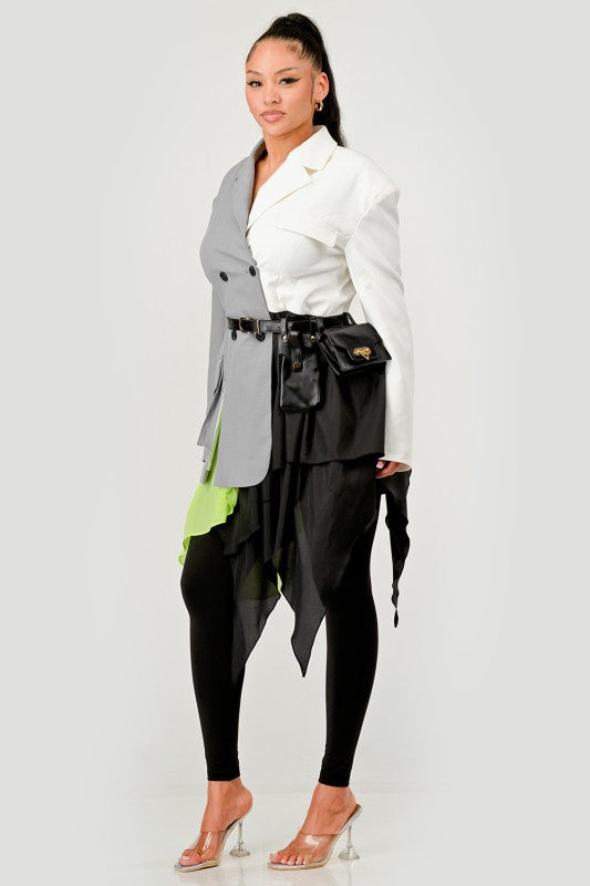 Colorblock Blazer with Layered Skirt Detail See size chart under “more details”