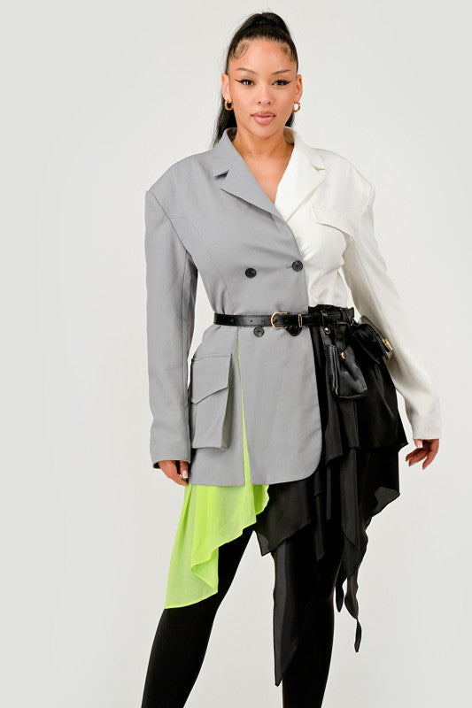 Colorblock Blazer with Layered Skirt Detail See size chart under “more details”
