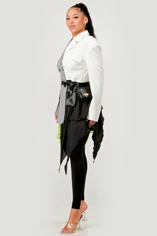 Colorblock Blazer with Layered Skirt Detail See size chart under “more details”