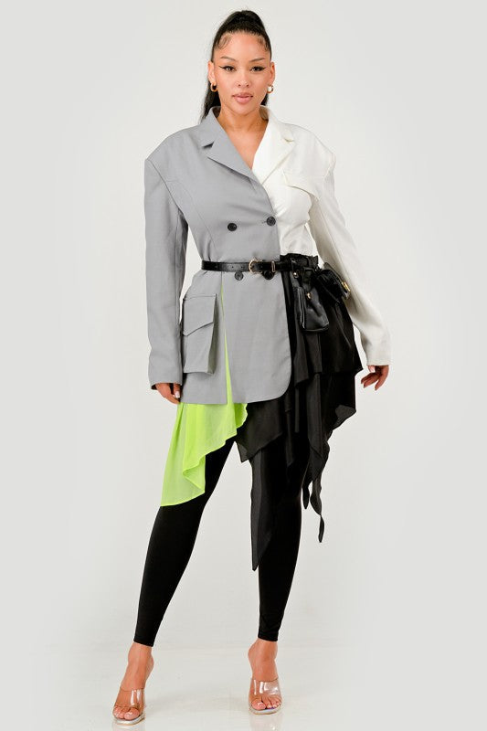 Colorblock Blazer with Layered Skirt Detail See size chart under “more details”