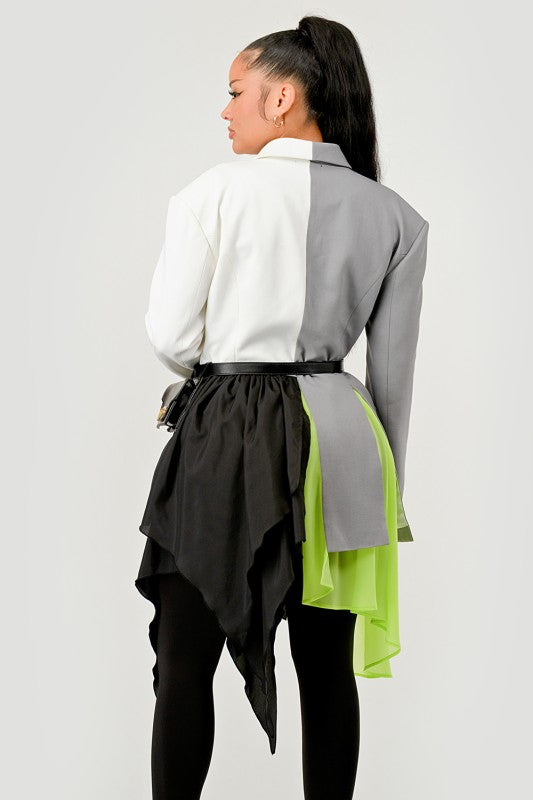 Colorblock Blazer with Layered Skirt Detail See size chart under “more details”