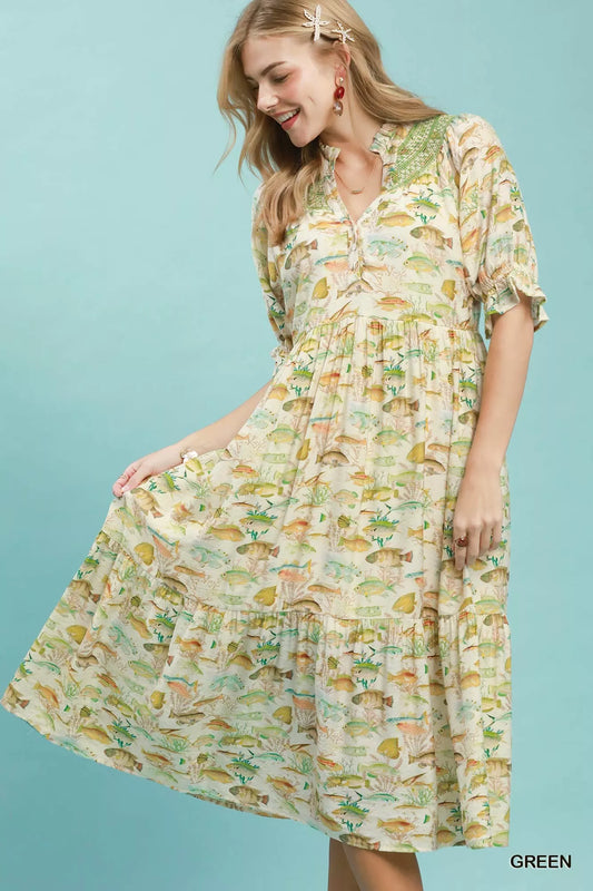 Umgee Print Tiered Midi Dress in Green