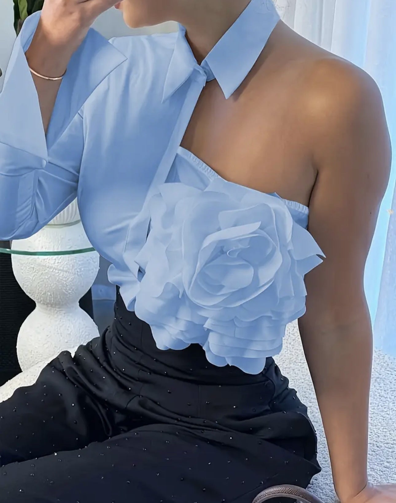 White Blouse With A One-shoulder TOP See size chart under “more details”