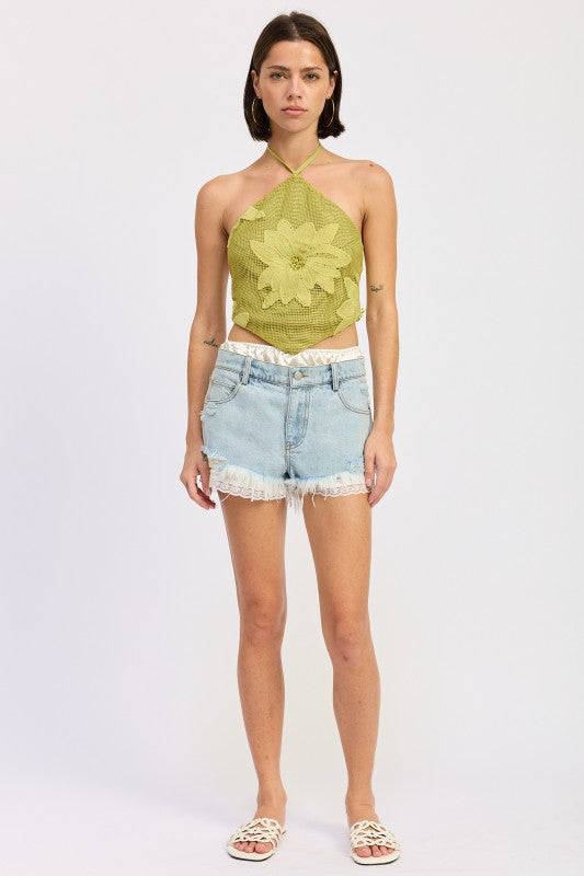 HIGH RISE DENIM SHORTS WITH LACE TRIM See size chart under “more details”