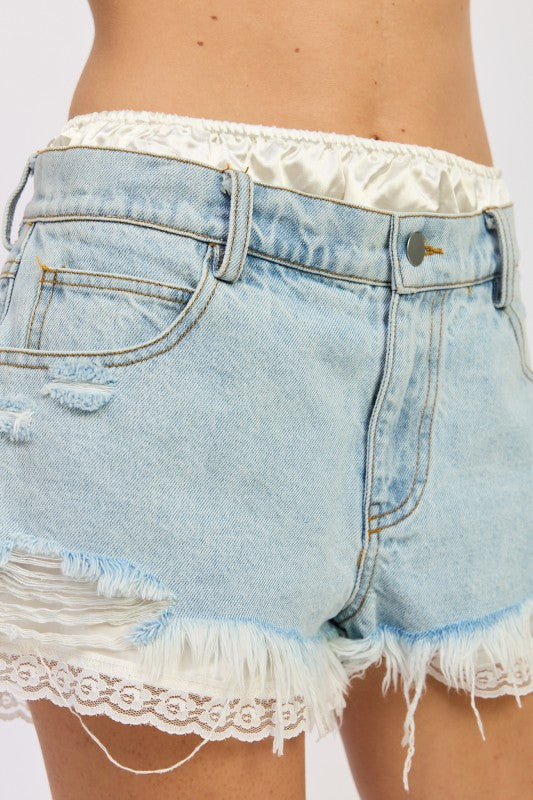 HIGH RISE DENIM SHORTS WITH LACE TRIM See size chart under “more details”