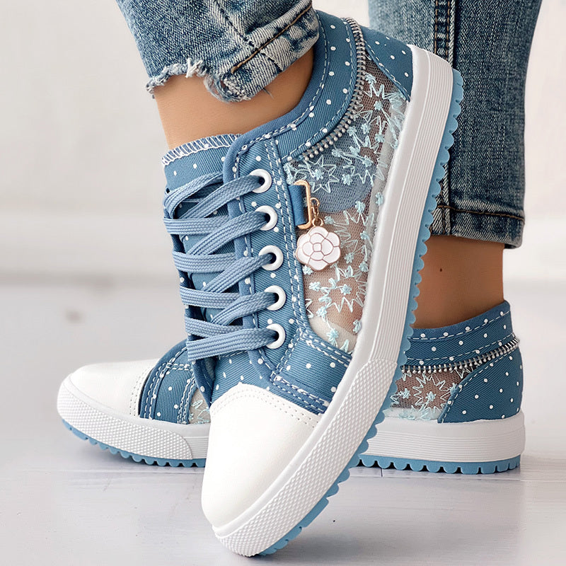 Zapatillas Informales de Lona con Estampado de Lunares y Bordado Floral para Mujer