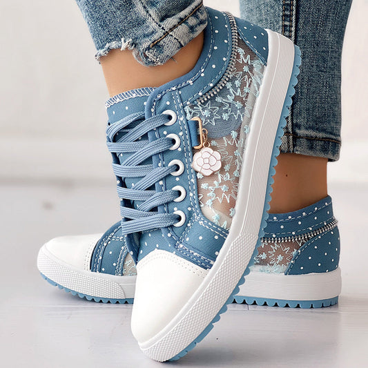 Zapatillas Informales de Lona con Estampado de Lunares y Bordado Floral para Mujer