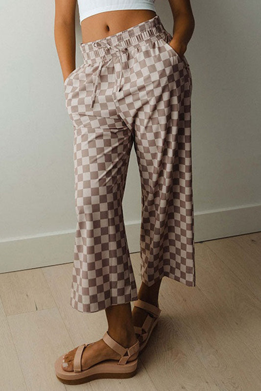 Pantalones holgados a cuadros color caqui con cintura elástica y lazo