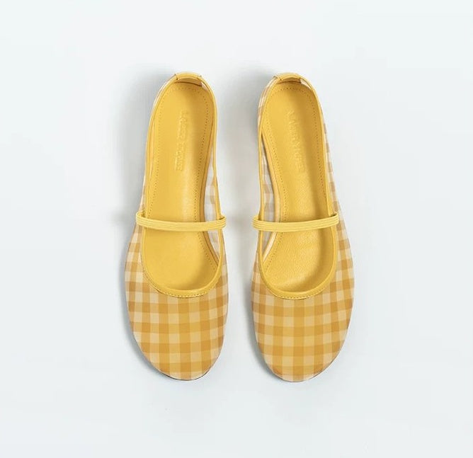 Vintage Pastoral Plaid Mesh Mary Jane Shoes, New Summer Round Toe Ballet Flats For Women