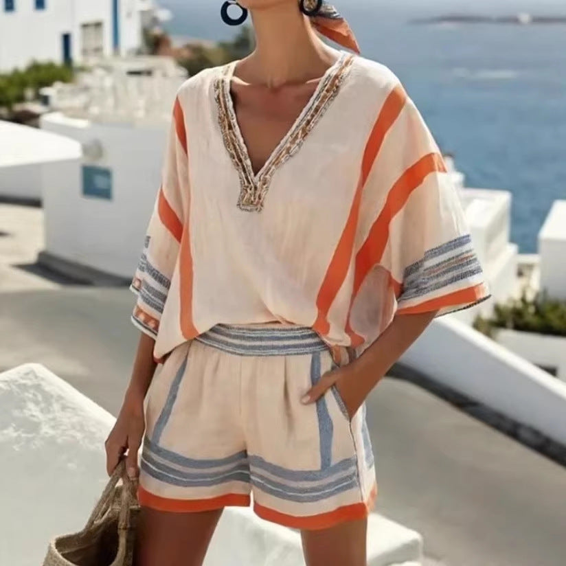 Conjunto de top con cuello en V y shorts de lino a rayas para mujer