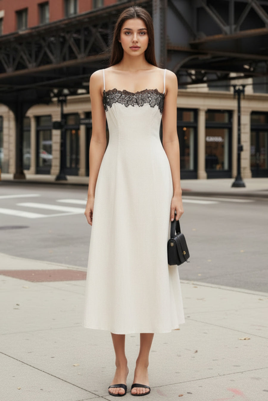 Off White Lace Contrast Camisole Midi Dress – Spaghetti Strap
