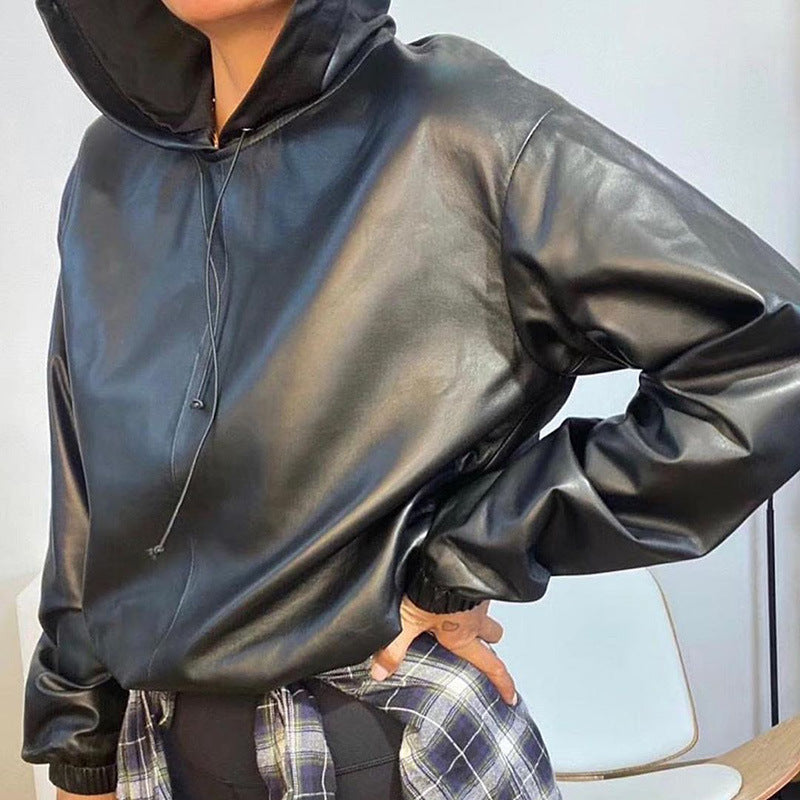 Sudadera de cuello redondo versátil de cuero para mujer Consulte la tabla de tallas en "más detalles"
