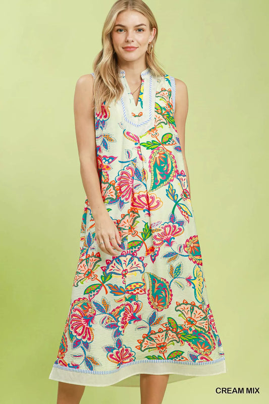 Umgee Paisley Floral Sleeveless Midi Dress in Cream