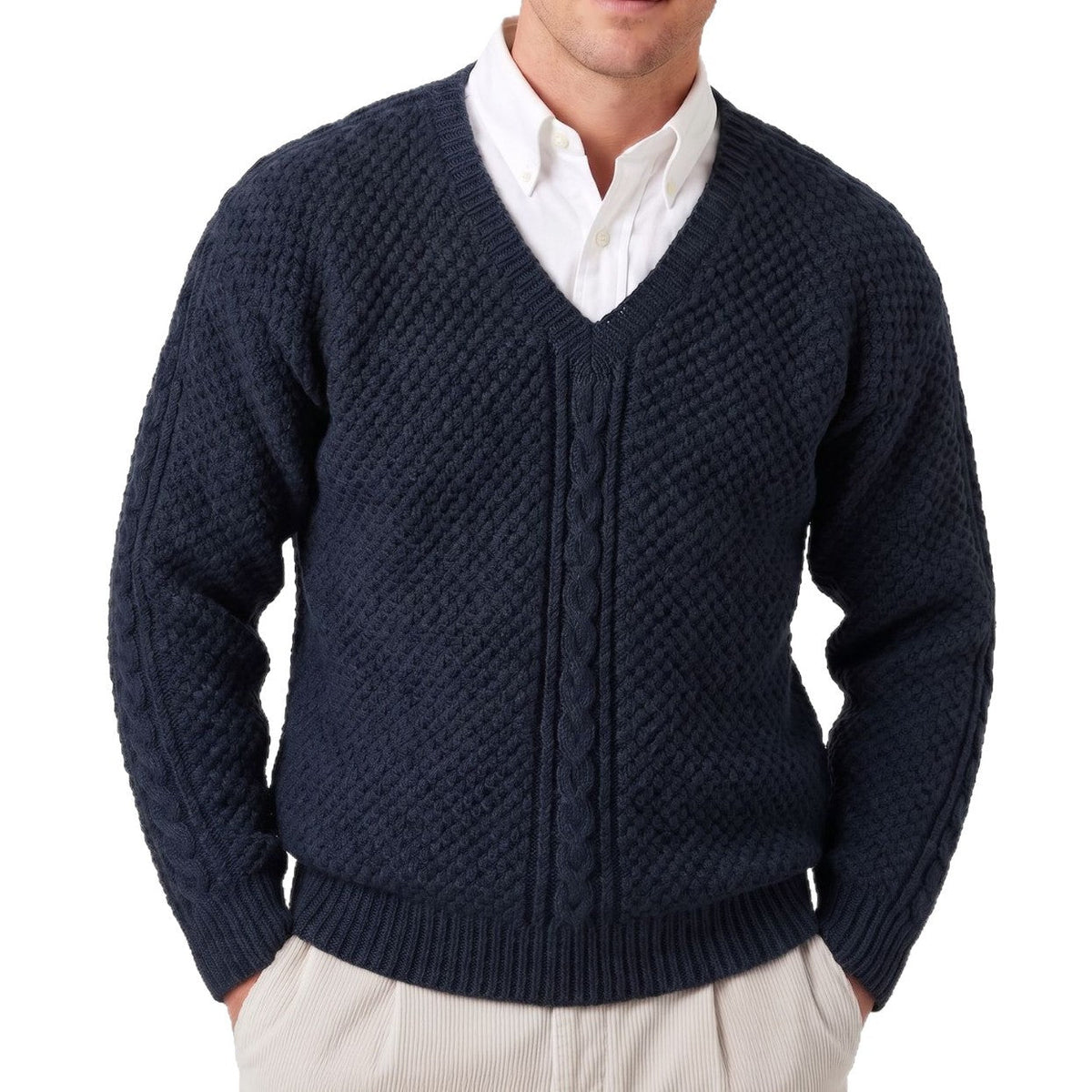 Mens V-neck Cable-Knit Solid-Color Sweater