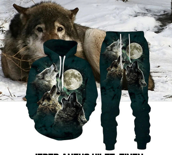 Traje de sudadera con capucha y pantalones con estampado digital de lobo para hombres y mujeres
