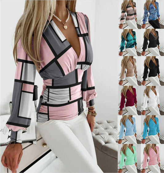 Camisa sexy con estampado geométrico, escote en V, manga larga, tops de ropa de mujer. Ver tabla de tallas en "más detalles"
