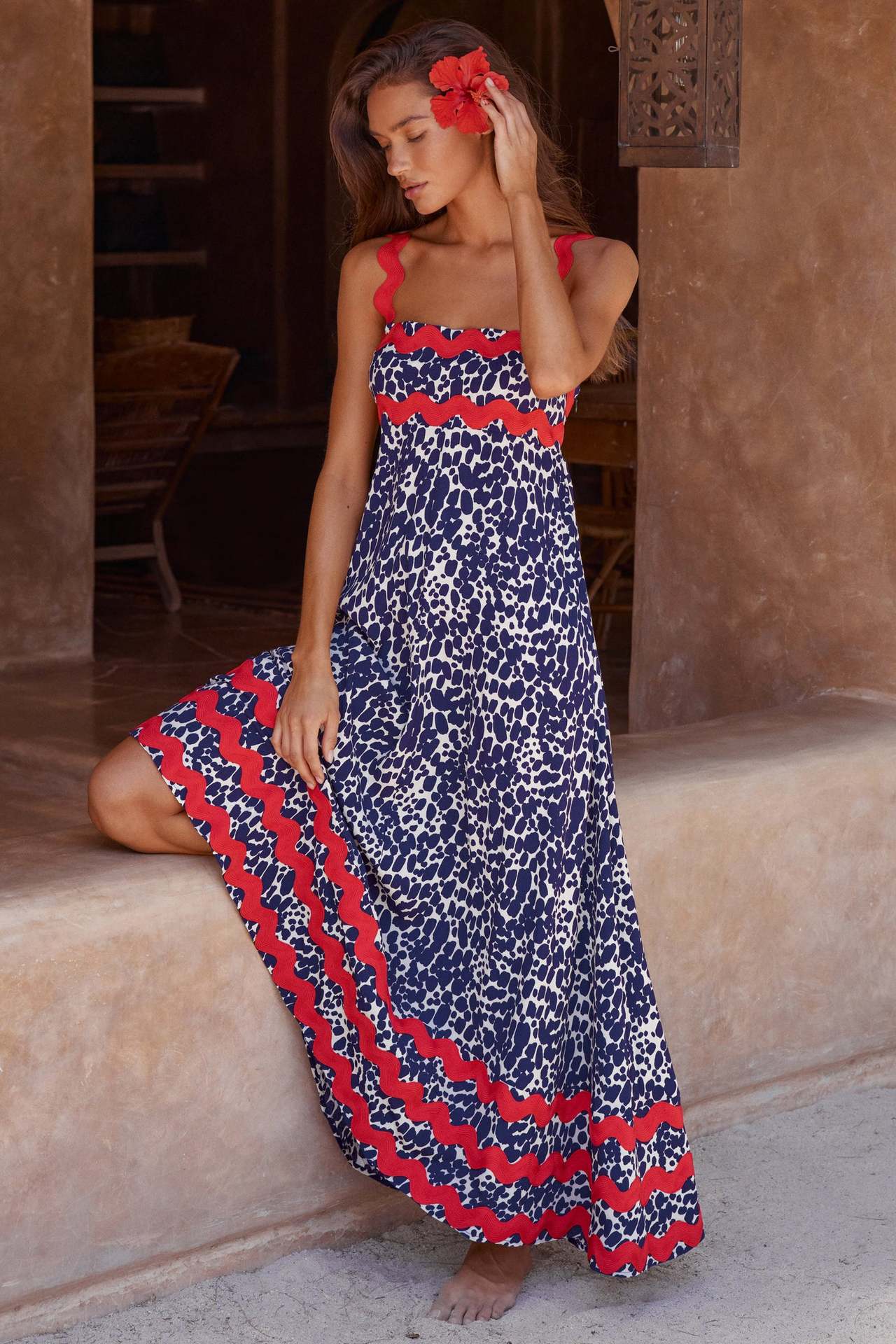 Flowers Print Wavy Pattern Suspender Long Dress For Women Fashion A-Line Beach Dresses Womens Clothing See size chart under “more details”
