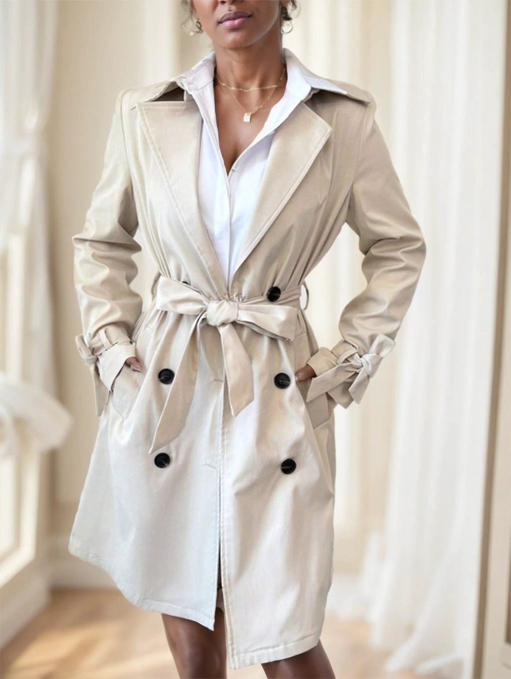 Women's Apricot Solid Color Lapel Neck Long-Sleeved Suspenders Double-Breasted