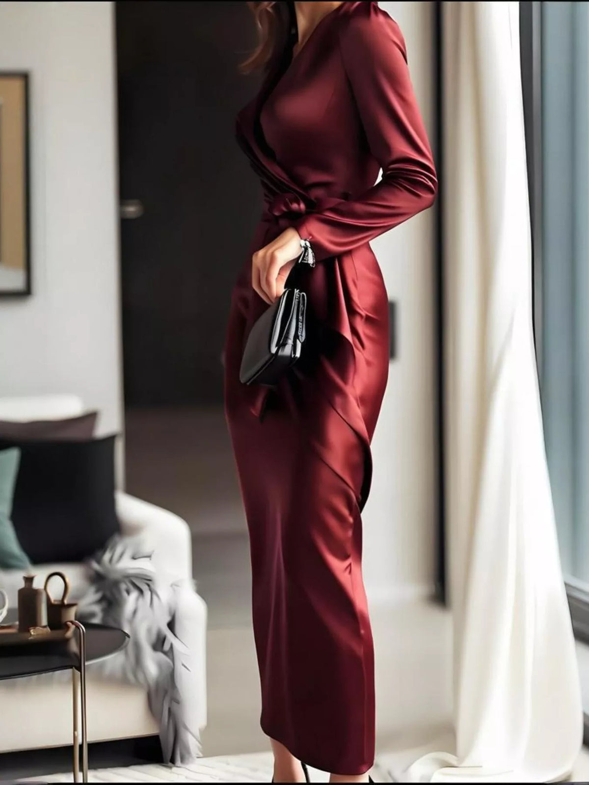 Surplice Satin Long Sleeve Dress